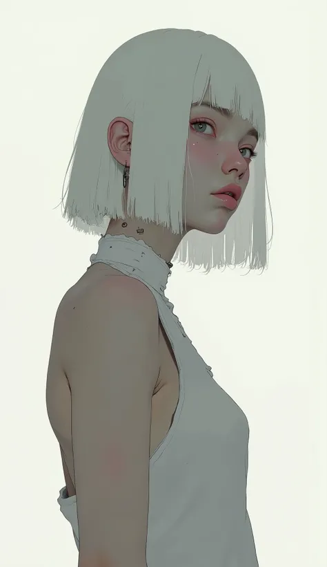 Super zoom up to the face、profile、Look down、short, white hair、clear white skin、 that person wears a white halter top, Digital artwork depicting a person wearing a white halter top。muscular shoulders and upper back, Everything other than the skin blends int...