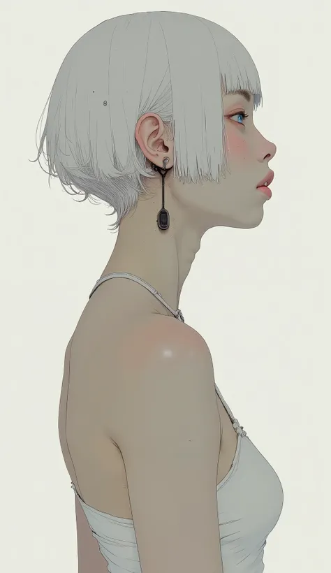 Super zoom up to the face、profile、Look down、short, white hair、clear white skin、 that person wears a white halter top, Digital artwork depicting a person wearing a white halter top。muscular shoulders and upper back, Everything other than the skin blends int...