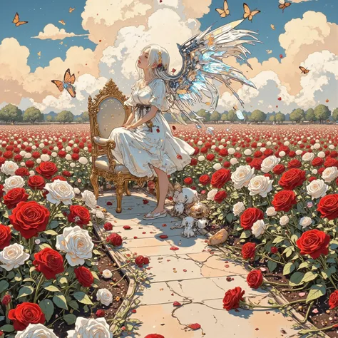 This is aesthetic art. In the heart of a vast rose garden blooming with oversized red, white, and pastel pink roses, a beautiful angel in a flowing white dress stands up from an ornate golden chair. Her long, silken white hair sways gently in the breeze, a...