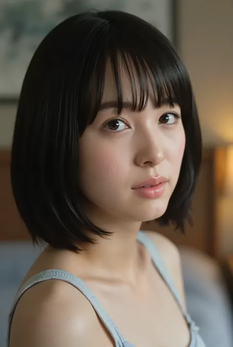 (( of the highest quality )), ((masterpiece)), ( details), First Person View ,girl, petite women, Voluptuous women ,( in the bedroom ),(((very big breasts, sexy underwear, short bob hair))), black hair , (( without makeup, small eyes))