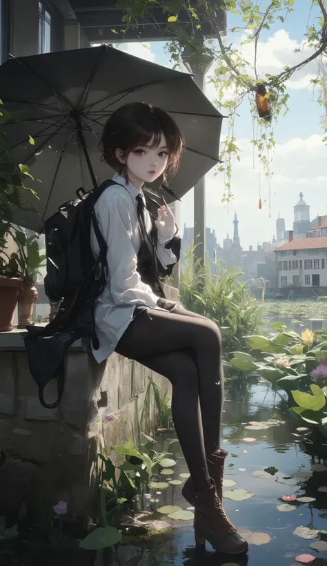 masterpiece, Best Quality, ultra resolution, a girl, perfect anatomy,is dripping from an umbrella hanging from a bottle、The port town with water lilies、Perfect harmony between Vermeer and Monet、light particles, fantastic, dramatic, dynamic, absurd, metaphy...