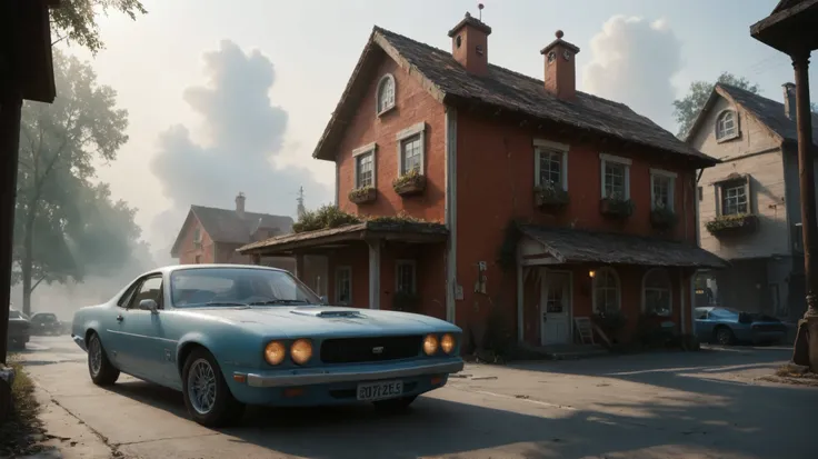 dilapidated rural cottage，The buildings and streets of the 50s are very dilapidated，The streets are inlaid with dilapidated stones，a crystalline chrome F1 car to freeze while drifting through the streets, It stirs up a lot of dust after racing, surreal lig...