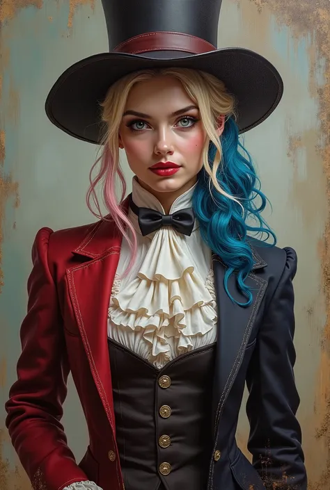 Create an image from an old photo that looks like oil painting of Harley Quinn with loose blue and pink hair hyper detailed she is wearing a men's suit from the 1800s and hat