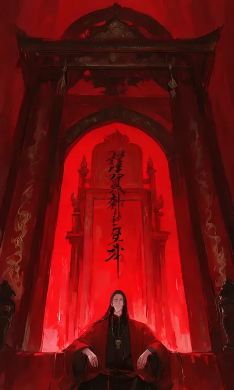 masterpiece, ultra-detailed, highres, absurdres, film grain, solo focus, year 2024, full body, full figure, sitting full view, entire outfit visible, wide shot, Jang Ilsu (return of the mount hua sect), sitting arrogantly on an ornate golden throne, legs a...