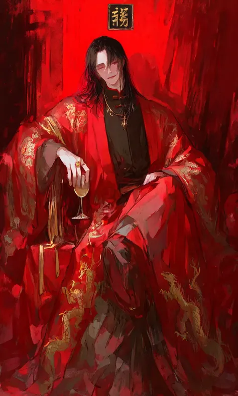 masterpiece, ultra-detailed, highres, absurdres, film grain, solo focus, year 2024,
full body, full figure, sitting full view, entire outfit visible, wide shot,
Jang Ilsu (return of the mount hua sect), reclining arrogantly on an ornate golden throne, le...
