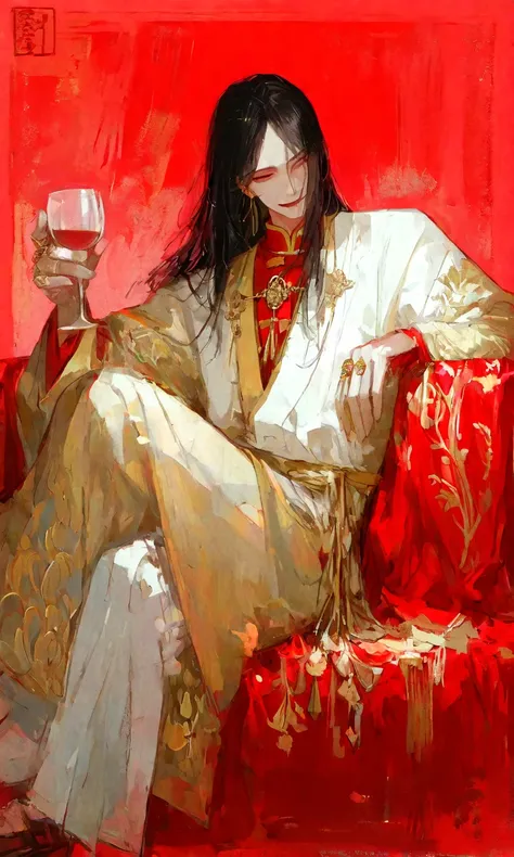 masterpiece, ultra-detailed, highres, absurdres, film grain, solo focus, year 2024, full body, full figure, sitting full view, entire outfit visible, wide shot, Jang Ilsu (return of the mount hua sect), reclining arrogantly on an ornate golden throne, legs...