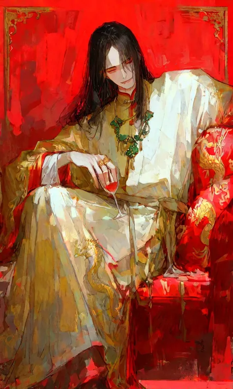 masterpiece, ultra-detailed, highres, absurdres, film grain, solo focus, year 2024, full body, full figure, sitting full view, entire outfit visible, wide shot, Jang Ilsu (return of the mount hua sect), reclining arrogantly on an ornate golden throne, legs...