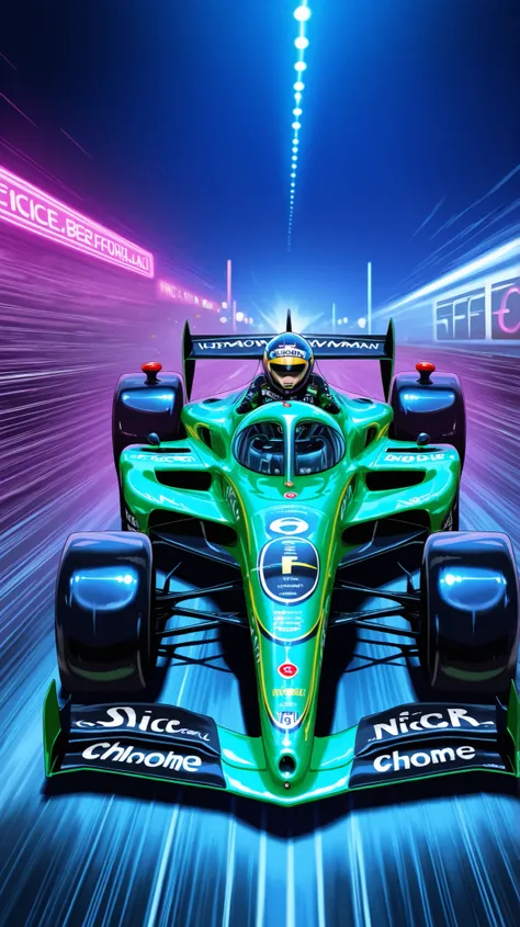 8 k，High definition，neon lights，1 woman driving F1 car，sharp focus，HDR，professional, F1 racer woman in racer suit，helmet，nice breast,driving chrome body formula 1 car, into neon lighted tracks,speed lines