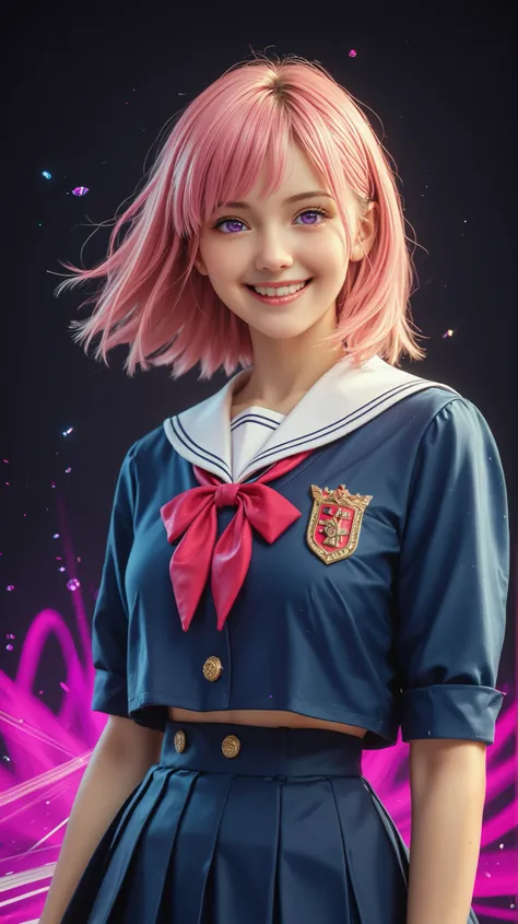 (masterwork, masterpiece, best quality, hyper-detailed, 8k uhd:1.4), 
1girl, solo, CivChan, purple eyes, pink hair, medium hair, school uniform, standing looking sweet, coy, smiling sweetly, dark background, 
holding a chainsaw, motion line, motion blur, 
...