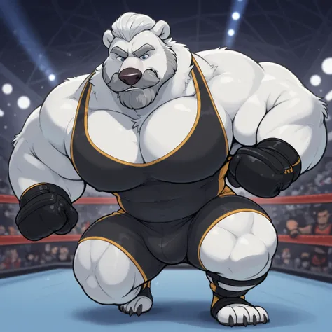 huge muscular polar bear at ZPD's gym, big strength, polar bear, huge white fur, thick arm, huge arm, added thick gray mustache, added thick gray beard. Short white hair, (thick muscular, pectoral, wide pectoral, thick arms), 220cm weight: 254kg, gray eyeb...