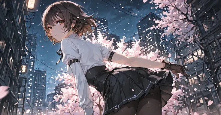 score_9, score_8_up, score_7_up, score_6_up, score_5_up, score_4_up, High quality, Ultra detailed, best quality, insanely detailed, beautiful, 1girl, solo, EvieSyn, short hair, hoop earrings, brown eyes, white turtleneck, black skirt, gloves, asymmetrical ...