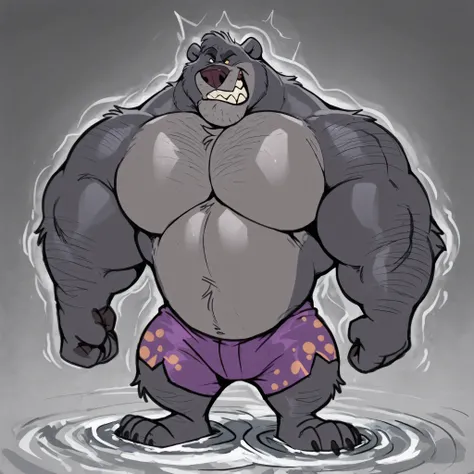 solo, 1boy, correct anatomy, perfect anatomy, (furry gray bear,) big gray, wide chest, bulky, bulk, rippling, growling. Huge Muscular bear as the incredible hulk, transforming, (purple tattered shorts), pectoral, thick gray arms, huge pectoral, huge gray f...