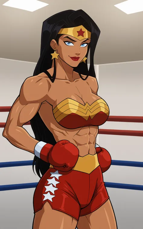 score_9,score_8_up,score_7_up BREAK wonderAP,1girl, solo, long hair, blue eyes, black hair, bare shoulders, jewelry,earrings, dark skin, exposed breats, topless, red boxing shorts, red boxing gloves, smiling, closed mouth, standing, sultry expression, bedr...