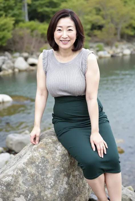 Busty 46 year old Tohoku aunt sitting on a big natural rock by the river。。full body photo,high heels,Stockings,Stepping on the tip,Organic Photography、 best quality 、 masterpiece、 。46-year-old background、plump and obese body、elegant face、Little Green Slav...