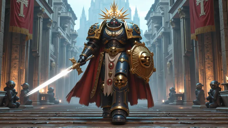 A regal futuristic space marine representing the ideology of Monarchism, walking down marble steps of a throne-world citadel, dramatic atmosphere, 1 male

He wears ornate golden and royal blue power armor, detailed with exquisite engravings of crowns, thro...
