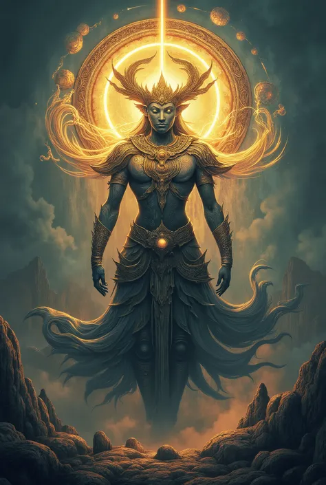 Yaldabaoth, a deity-like figure in Gnosticism, a branch of early Christianity, that teaches the material world was created by an imperfect or false g,fantasy scene,highly detailed,intricate,dramatic lighting,cinematic,epic scale,moody atmosphere,dark fanta...