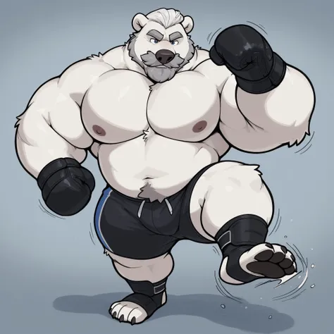 huge muscular polar bear at ZPD's gym, big strength, polar bear, huge white fur, thick arm, huge arm, added thick gray mustache, added thick gray beard, Short white hair, (thick muscular, pectoral, wide pectoral, thick arms), 220cm (7’8) weight: 254kg (424...