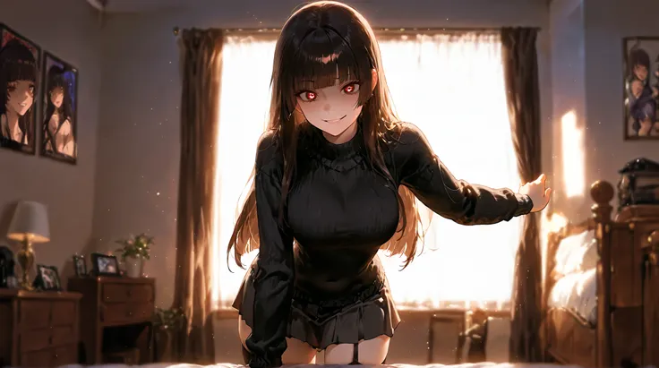 masterpiece, best quality, very aesthetic, absurdres, safe, (masterpiece), best quality, expressive eyes, perfect face, girl in love, dark brown iris, yandere, smirk, crazy eyes, eyes wide open, blunt bangs, black long hair, straight hair, solo, home bedro...