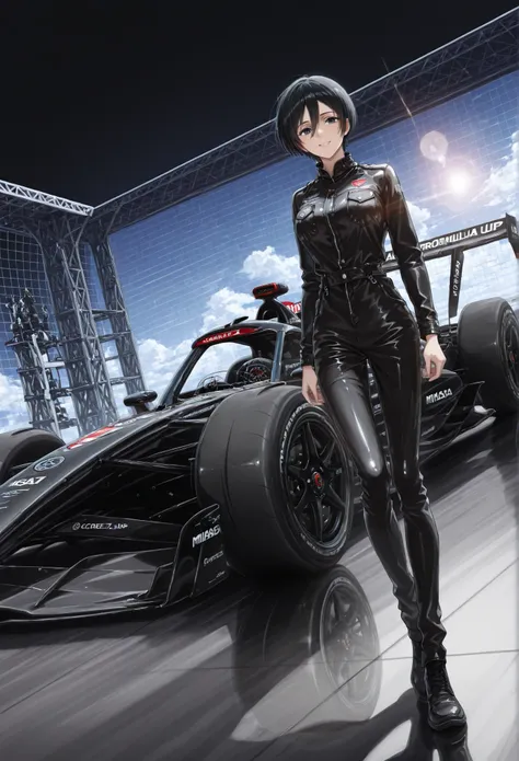 core_9, score_8_up, score_7_up, super detail , high details , high quality , best quality , highres , 4K  Dynamic angle, front, Mikasa Ackerman, standing, full body, black leather jumpsuit, (A woman stands next to a formula car)  uhd , retina , masterpiece...