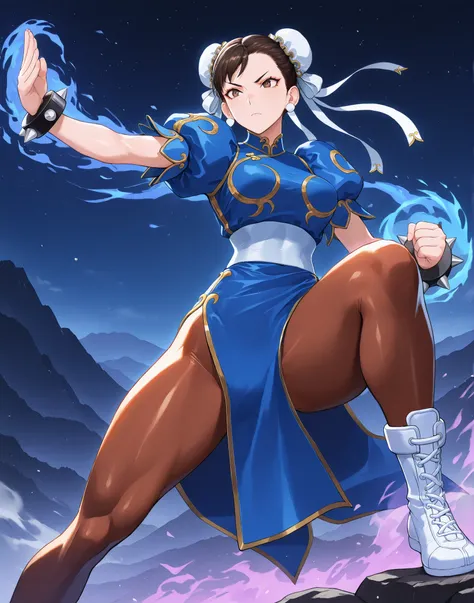 (masterpiece) ,best quality,amazing quality,very aesthetic,absurdres,newest, chun li (street fighter), 1girl, mountain top arena, night sky, chun li, CHUNLISF, brown eyes, double bun, bun cover, qipao, spiked bracelet, pantyhose, energy aura, serious pose