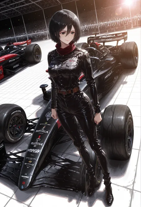 core_9, score_8_up, score_7_up, super detail , high details , high quality , best quality , highres , 4K Dynamic angle, front, Mikasa Ackerman, standing, full body, black leather jumpsuit, (A woman stands next to a formula car) uhd , retina , masterpiece ,...