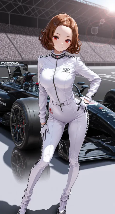ultra detail , high details , high quality , best quality , highres , 8K  Dynamic angle, front, standing, full body (A woman stands next to a formula car)  uhd , retina , masterpiece ,perfect anatomy , textured skin  (brown short bob curly hair,cute forehe...
