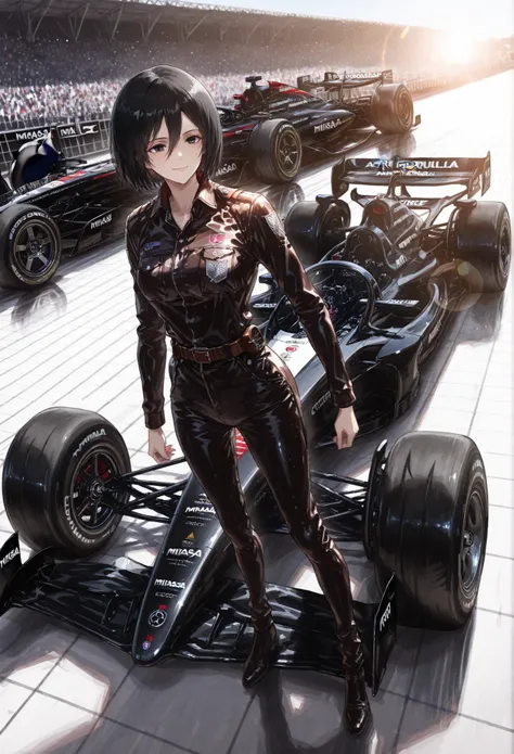 core_9, score_8_up, score_7_up, super detail , high details , high quality , best quality , highres , 4K Dynamic angle, front, Mikasa Ackerman, standing, full body, black leather jumpsuit, (A woman stands next to a formula car) uhd , retina , masterpiece ,...