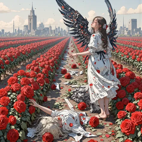 This is surrealism. In an endless rose garden adrift in a dreamlike haze, crimson and ivory roses bloom in impossible perfection — petals layered like delicate silk, trembling as if breathing. Between them, wilted roses lie fallen, their colors faded to as...