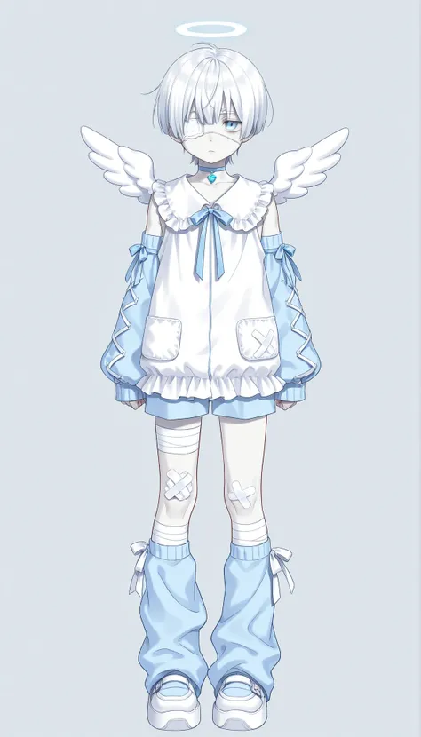 (((Highest Quality))), (Simple background), 1boy, bored expression, pale skin, full body, standing, light blue eyes, white hair, straight hair, short hair, kuragecut, angel, mizuiro, oversized, cozy, ribbon, frilly, detached sleeves, eyepatch, bandages, ba...