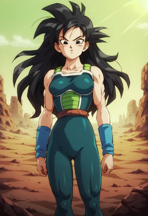 by mattari illust, 1girl, black eyes, black hair, ((semi long hair)), spiky hair, closed mouth, female focus, female, wasteland, ((dark teal bodysuit)), skintight suit, (shortsleeved), solo, blue wristband, dbsb, possible sister of Bardock, no armor,