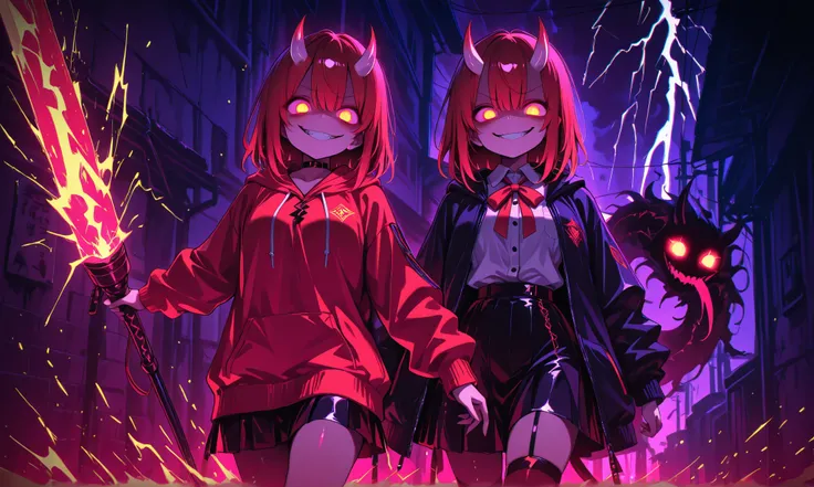 (right girl: glowing eyes, parted lips, evil smile, gesugao), ((left girl: cute look, gentle smile, smiling, small horns:1.3); Quality: masterpiece, best quality, amazing quality, ultra-detailed, highly aesthetic, absurdres, (4k,8k,Ultra HD), newest, very ...