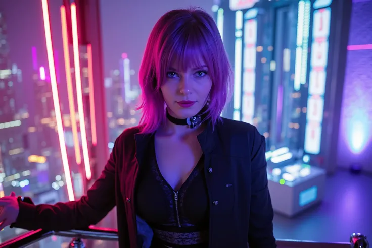 A young woman with purple hair and bright eyes, sitting facing forward, flashing, promiscuous, stands on a night balcony filled with neon and advanced technology.