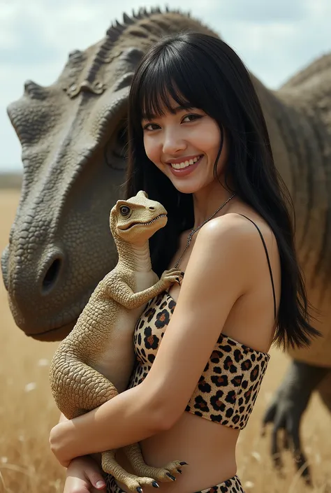 Create a portrait of a stunning Japanese female singer. She has a slender physique, small breasts, and thin legs. Her long hair features bangs, and she wears some kind of primitive stone age leopard fur outfit. The scene captures her smiling while holding ...