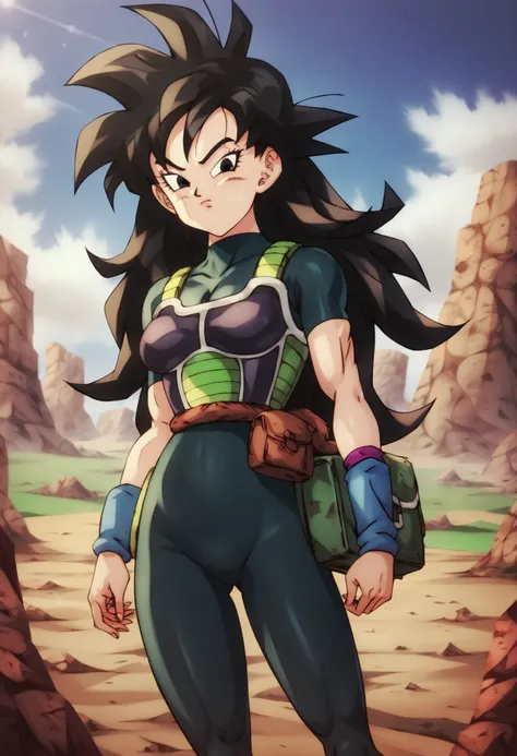 by mattari illust, 1girl, black eyes, black hair, ((semi long hair)), spiky hair, closed mouth, female focus, female, wasteland, (((dark teal bodysuit))), skintight suit under armor, (long sleeved), solo, blue wristband, dbsb, possible sister of Bardock,

