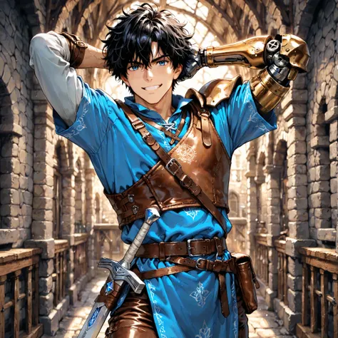 Male, Adult, Black Hair, Blue Eyes, Blue Tunic With Leather Vest, Brown Leather Pants, Silver And Gold Left Prosthetic Arm, Grin, Perfect Generation, Solo Image, Messy Hair, Detailed Generation, Perfect Sword Generation, Medieval Background, Single Prosthe...