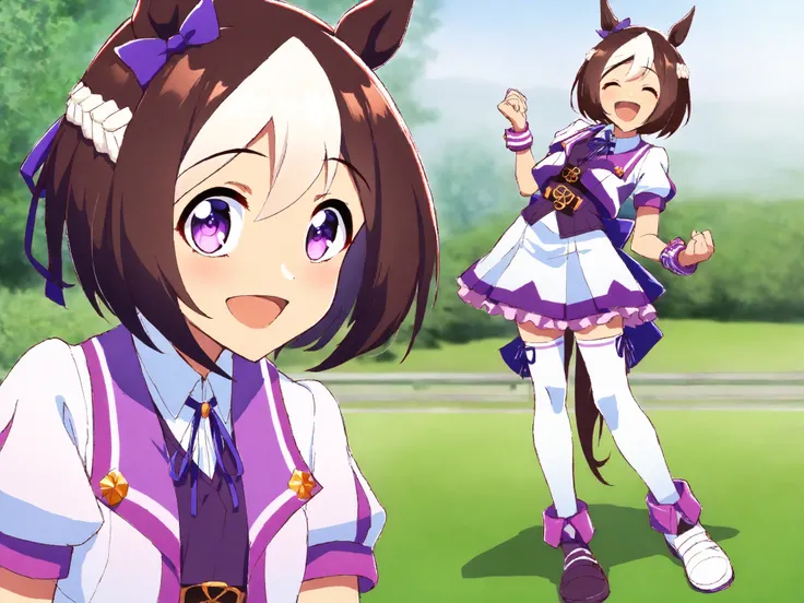best quality, absurdres, masterpiece, anime, cel anime. 1人の女性
special week \(Uma Musume\), 
ear bow, purple bow, puffy short sleeves, neck ribbon, blue ribbon, cropped jacket, white jacket, two-tone jacket, collared shirt, white shirt, purple vest, wristba...