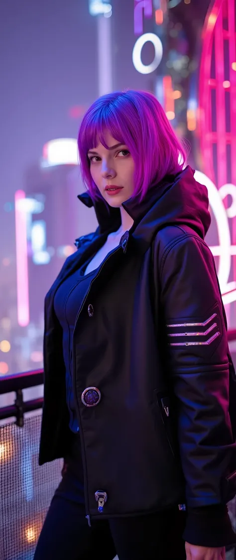 A young woman with purple hair and bright eyes, sitting facing forward, flashing, promiscuous, stands on a night balcony filled with neon and advanced technology.