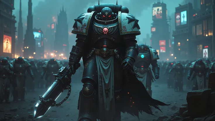 A grim futuristic space marine representing the ideology of Totalitarianism, marching through a dystopian megacity drowned in darkness and silence, dramatic atmosphere, 1 male

He wears terrifying jet-black and steel-gray armor, reinforced with brutal, spi...