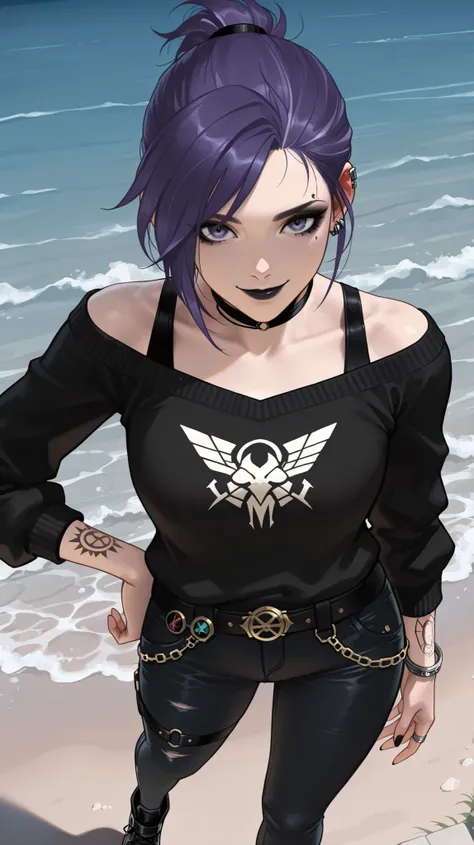 masterpiece, best quality, amazing quality, newest, very aesthetic, 1girl, an intense, evocative portrait from (arcane) art-style,vi from \(arcane\),emo make up,black lips,black eyeshadow,black of-shoulder sweater,black short jeans,earring,silver rings,siv...
