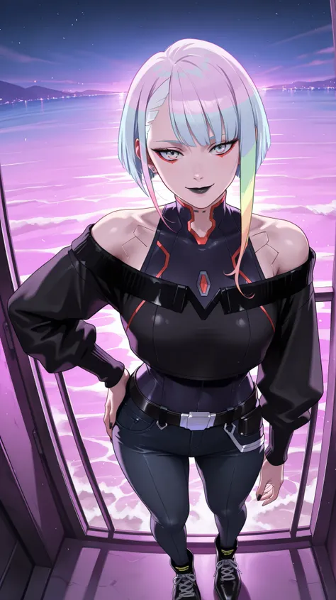 masterpiece, best quality, amazing quality, newest, very aesthetic, 1girl, an intense, evocative portrait from (Cyberpunk: Edgerunners) art-style,lucy from \(Cyberpunk: Edgerunners\),emo make up,black lips,black eyeshadow,black of-shoulder sweater,black sh...