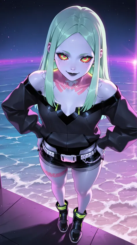 masterpiece, best quality, amazing quality, newest, very aesthetic, 1girl, an intense, evocative portrait from (Cyberpunk: Edgerunners) art-style,Rebecca from \(Cyberpunk: Edgerunners\),emo,emo make up,black lips,black eyeshadow,black of-shoulder sweater,b...
