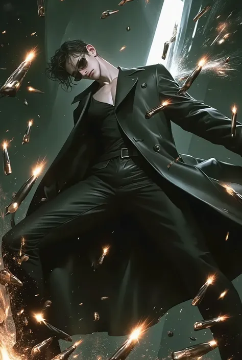 A man in an overcoat and sunglasses dodging bullets by bending his body backward. Surrounded by bullets and bullet trails.