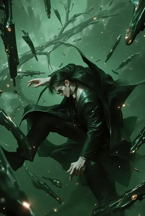 A man in an overcoat and sunglasses dodging bullets by bending his body backward. Surrounded by bullets and bullet trails.