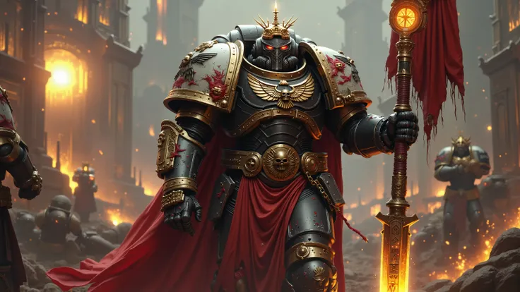 A grand futuristic space marine representing the ideology of Imperialism, marching through the ruins of a conquered alien city, dramatic atmosphere, 1 male

He wears massive power armor in imperial red and gold, designed with layered plating and ornate eng...