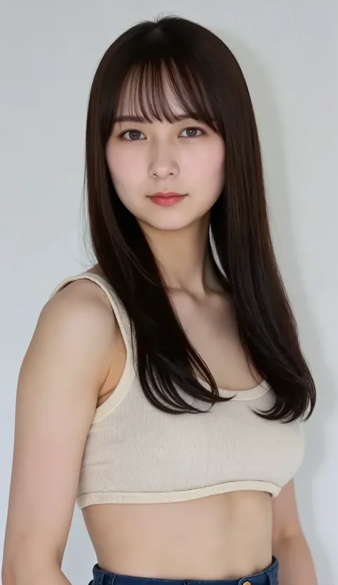 The high resolution photograph of a Japanese young women, photo-realistic, intricate details, extremely detailed, 1girl, long hair, ((take a selfie)), wearing knit crop tank top, plated mini skirt