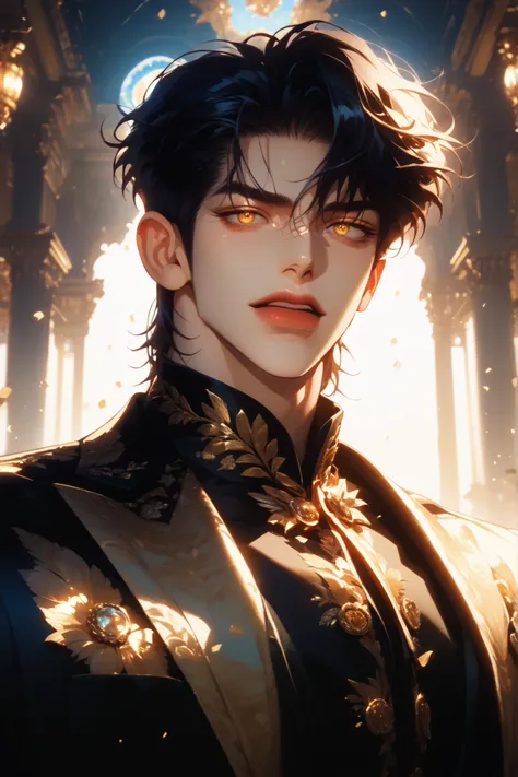 impasto, cool manga style, short hair, high quality, extremely detailed, extremely delicate line, amazing color, masterpiece, 1 man, tall, mascular, handsome, black hair, amber eyes, sharp eyes, lower-sanpaku eyes, slightly parted lips, handsome, fashionab...