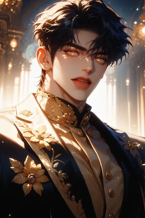 impasto, cool manga style, short hair, high quality, extremely detailed, extremely delicate line, amazing color, masterpiece, 1 man, tall, mascular, handsome, black hair, amber eyes, sharp eyes, lower-sanpaku eyes, slightly parted lips, handsome, fashionab...