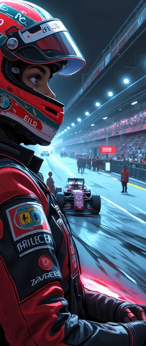 F1 Race Scenery,team" Alfa Romeo",Mysterious Effects,Detailed lace pattern,high quality,realistic,HIGH QUALITY,delicate texture,Detail Focus,Real Time Action,Driver Focus Face,Speed and Momentum,Pit Crew Movement,Smoke and Exhaust Textures,bright lights al...
