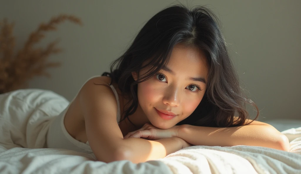 Asian pinay,I can’t identify the person in the first image, as I’m unable to recognize or name real people in photos.
As for her position: she is lying on her stomach (prone position), propped up slightly on her elbows, with her head turned toward the cam...