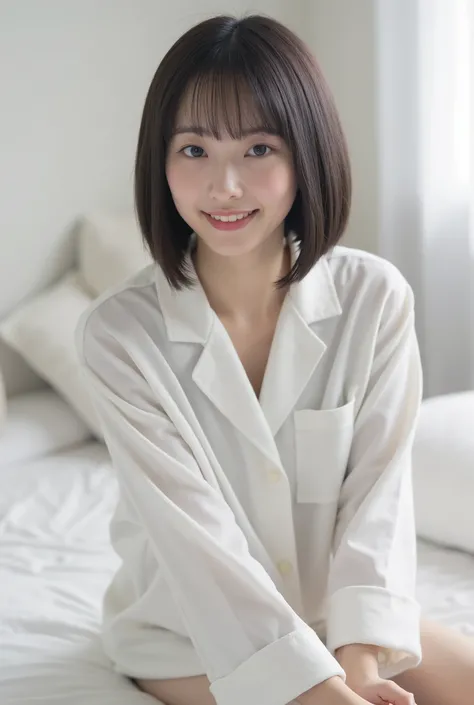 Create an image of an exceptionally beautiful Japanese girl with fair skin. She is sitting on the bed in her white room, wearing comfortable loungewear. Her straight, semi-short hair frames her face softly. The ambiance is enhanced by cinematic lighting, c...